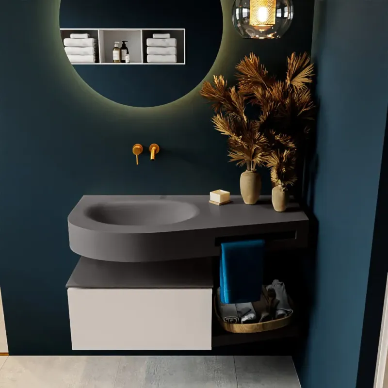 Aanbieding Mondiaz Riva badmeubel 100cm Linen met 1 lade en wastafel links 0 kraangaten Dark Grey