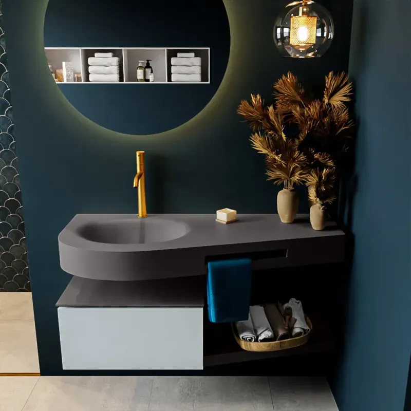 Veilige Betaling Mondiaz Riva badmeubel 120cm Clay met 1 lade en wastafel links 1 kraangat Dark Grey