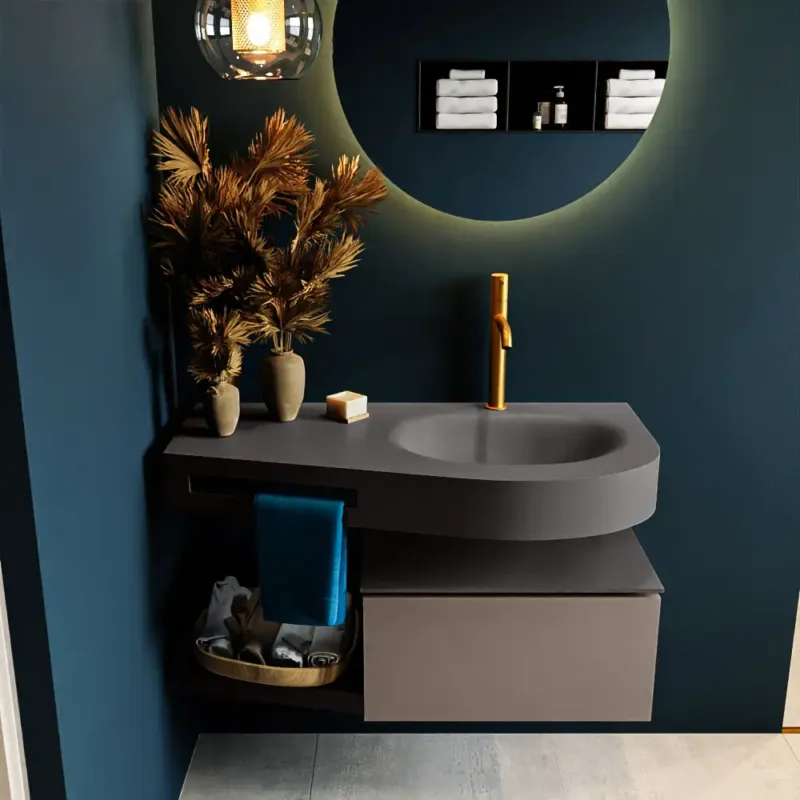 Nu Kopen Mondiaz Riva badmeubel 100cm Smoke met 1 lade en wastafel rechts 1 kraangat Dark Grey