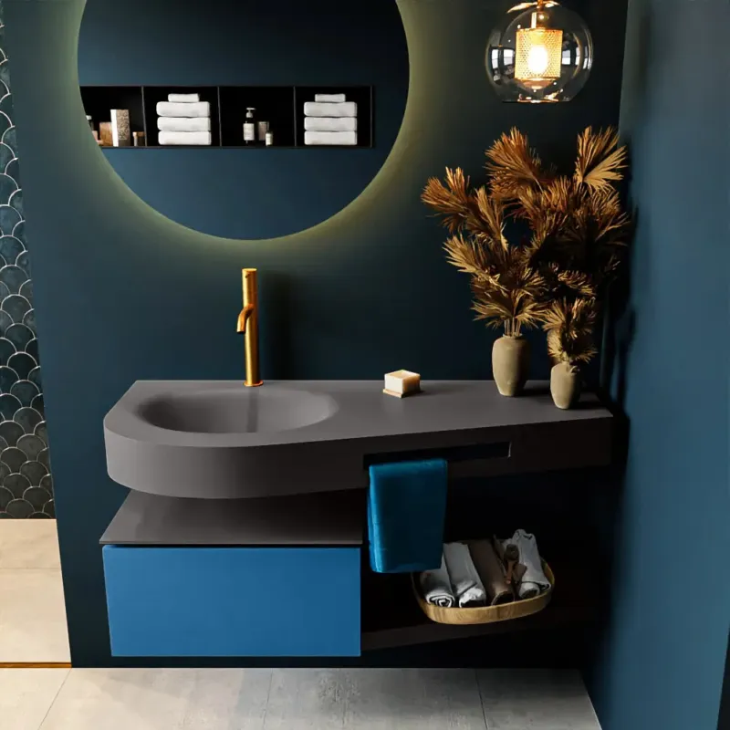 Beperkte Voorraad Mondiaz Riva badmeubel 120cm Jeans met 1 lade en wastafel links 1 kraangat Dark Grey