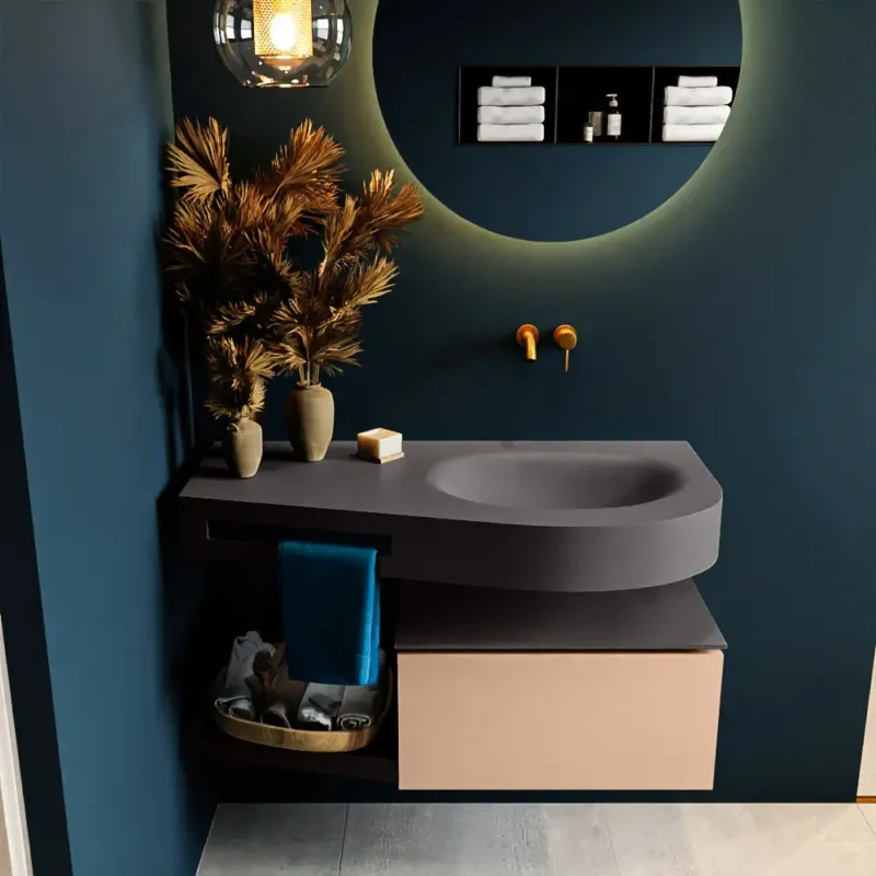 Alleen Vandaag Mondiaz Riva badmeubel 100cm Rosee met 1 lade en wastafel rechts 0 kraangaten Dark Grey