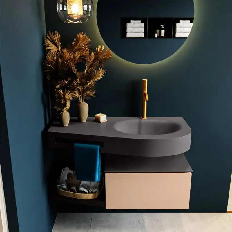 Tijdelijk Beschikbaar Mondiaz Riva badmeubel 100cm Rosee met 1 lade en wastafel rechts 1 kraangat Dark Grey