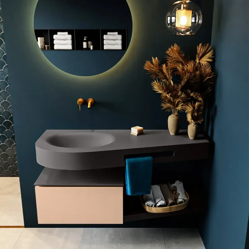 Snelle Levering Mondiaz Riva badmeubel 120cm Rosee met 1 lade en wastafel links 0 kraangaten Dark Grey