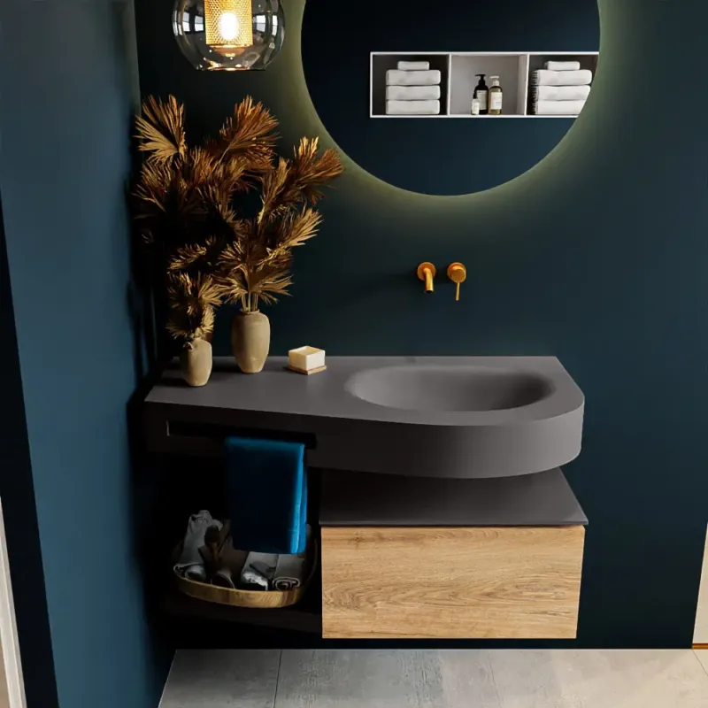 Beperkt Aanbod Mondiaz Riva badmeubel 100cm Washed Oak met 1 lade en wastafel rechts 0 kraangaten Dark Grey