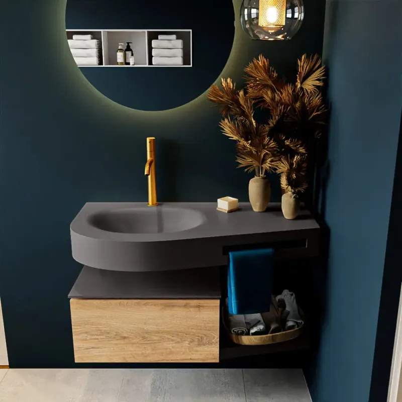 Aanbieding Mondiaz Riva badmeubel 100cm Washed Oak met 1 lade en wastafel links 1 kraangat Dark Grey