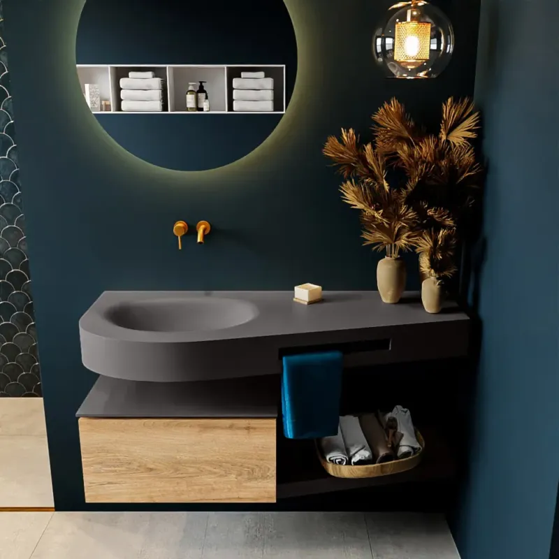 Uitverkoop Mondiaz Riva badmeubel 120cm Washed Oak met 1 lade en wastafel links 0 kraangaten Dark Grey
