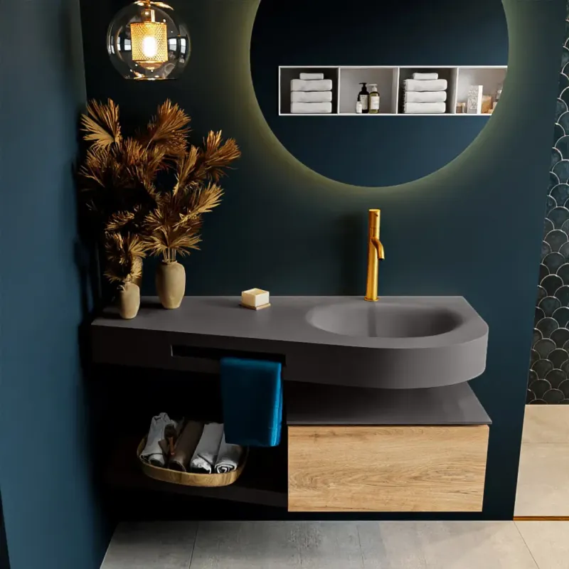 Uitverkoop Mondiaz Riva badmeubel 120cm Washed Oak met 1 lade en wastafel rechts 1 kraangat Dark Grey