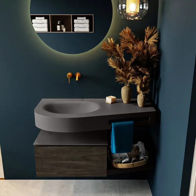 Alleen Vandaag Mondiaz Riva badmeubel 100cm Dark Brown met 1 lade en wastafel links 0 kraangaten Dark Grey