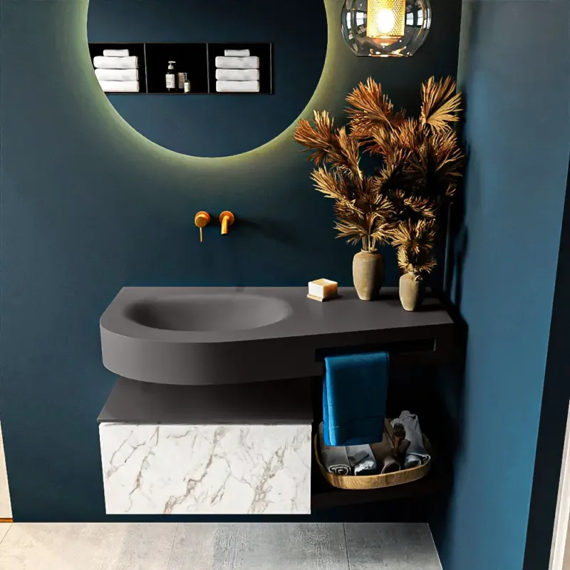 Nu Kopen Mondiaz Riva badmeubel 100cm Carrara met 1 lade en wastafel links 0 kraangaten Dark Grey