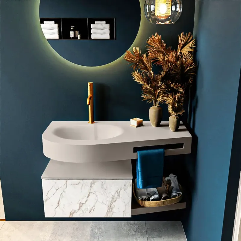 Superprijs Mondiaz Riva badmeubel 100cm Carrara met 1 lade en wastafel links 1 kraangat Linen
