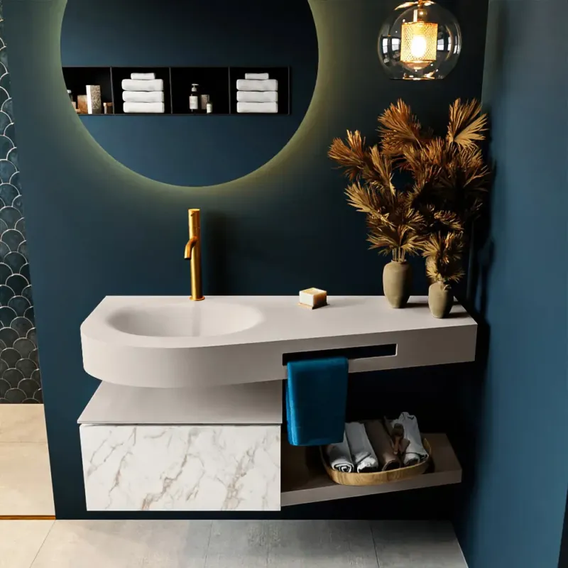 Must-Have Mondiaz Riva badmeubel 120cm Carrara met 1 lade en wastafel links 1 kraangat Linen