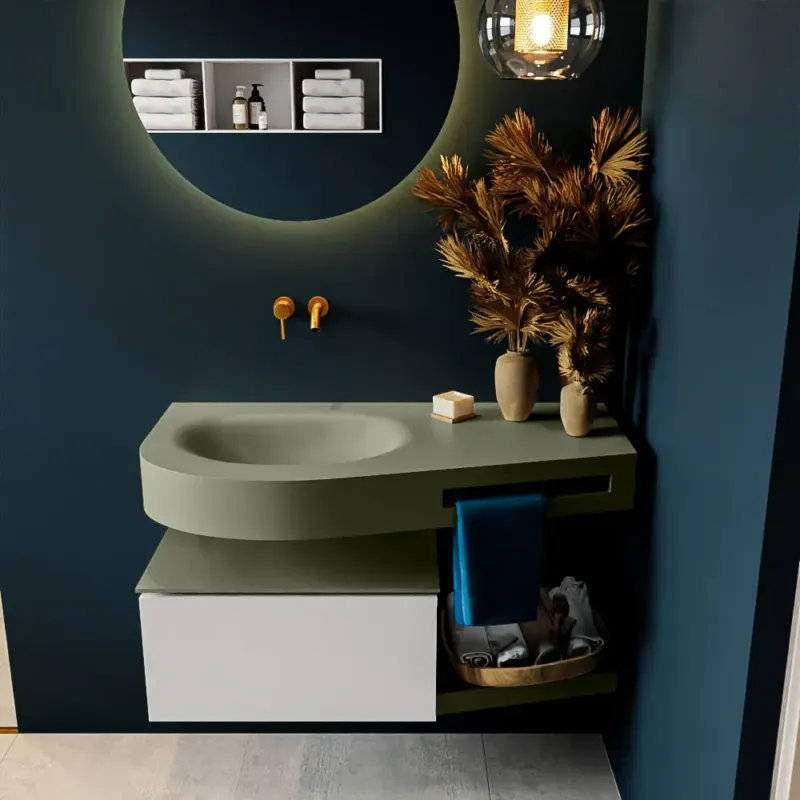 Voordeelprijs Mondiaz Riva badmeubel 100cm Linen met 1 lade en wastafel links 0 kraangaten Army