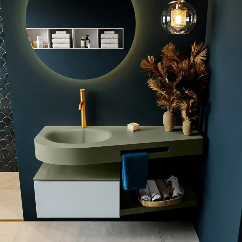 Superprijs Mondiaz Riva badmeubel 120cm Clay met 1 lade en wastafel links 1 kraangat Army