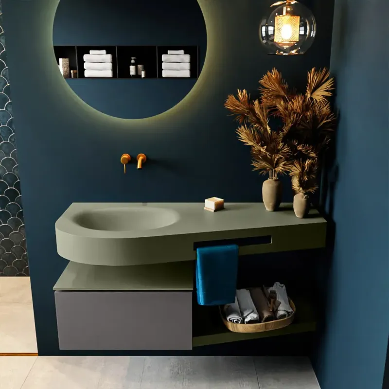 Snelle Levering Mondiaz Riva badmeubel 120cm Dark Grey met 1 lade en wastafel links 0 kraangaten Army