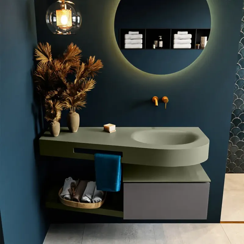 Premium Mondiaz Riva badmeubel 120cm Dark Grey met 1 lade en wastafel rechts 0 kraangaten Army