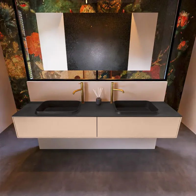 Weekendaanbieding Mondiaz Erin 200cm badmeubel Rosee met 2 lades en zwarte wastafel dubbel 2 kraangaten