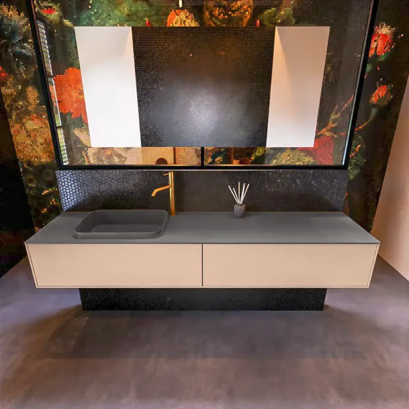 Shop Nu Mondiaz Erin 200cm badmeubel Rosee met 2 lades en donkergrijze wastafel links 1 kraangat