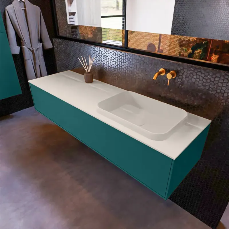 Seizoensaanbieding Mondiaz Erin 150cm badmeubel Smag met 1 lade en beige wastafel rechts zonder kraangaten