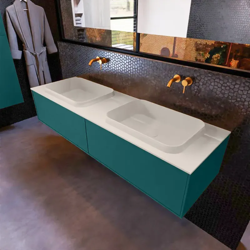 Must-Have Mondiaz Erin 150cm badmeubel Smag met 2 lades en beige wastafel dubbel zonder kraangaten