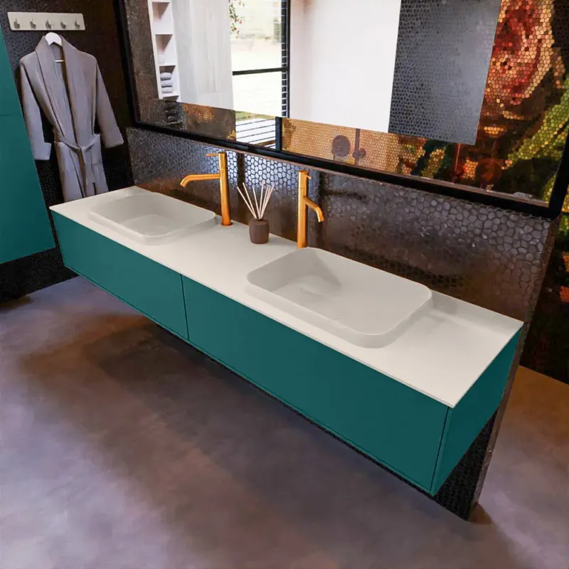 Must-Have Mondiaz Erin 200cm badmeubel Smag met 2 lades en beige wastafel dubbel 2 kraangaten