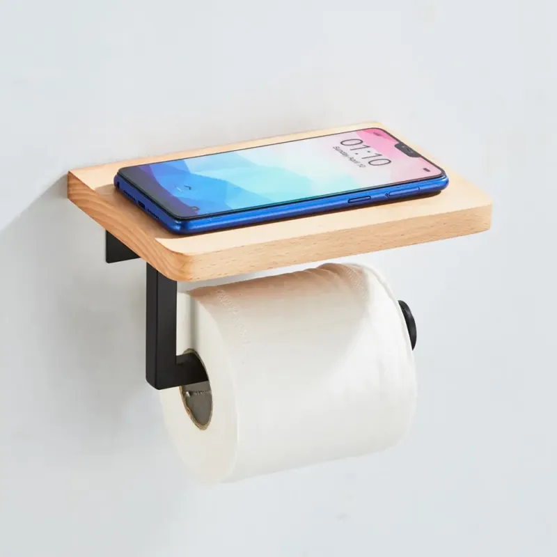 Saniclear Lumber toilet rolhouder met plank mat zwart walnoothout Alleen Vandaag