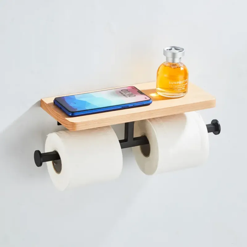 Saniclear Lumber dubbele toilet rolhouder met plank mat zwart walnoothout Rechtstreeks Van De Fabrikant