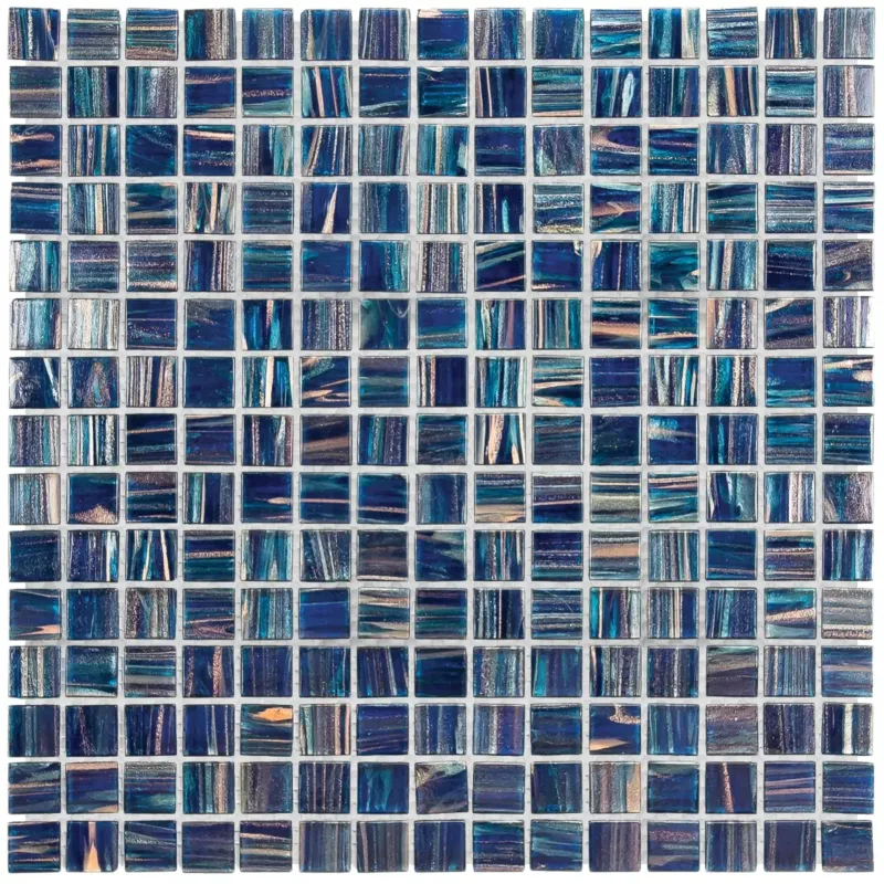 Uitverkoop The Mosaic Factory Amsterdam vierkante glasmozaïek tegels 32x32 donkerblauw met gouden accenten