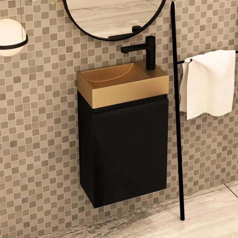 MD Interior Blessed toiletmeubel zwart mangohout rechts met fontein mat rosé goud rechts Nu Kopen