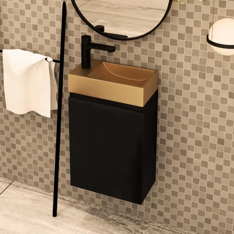 Premium MD Interior Blessed toiletmeubel zwart mangohout links met fontein mat rosé goud links