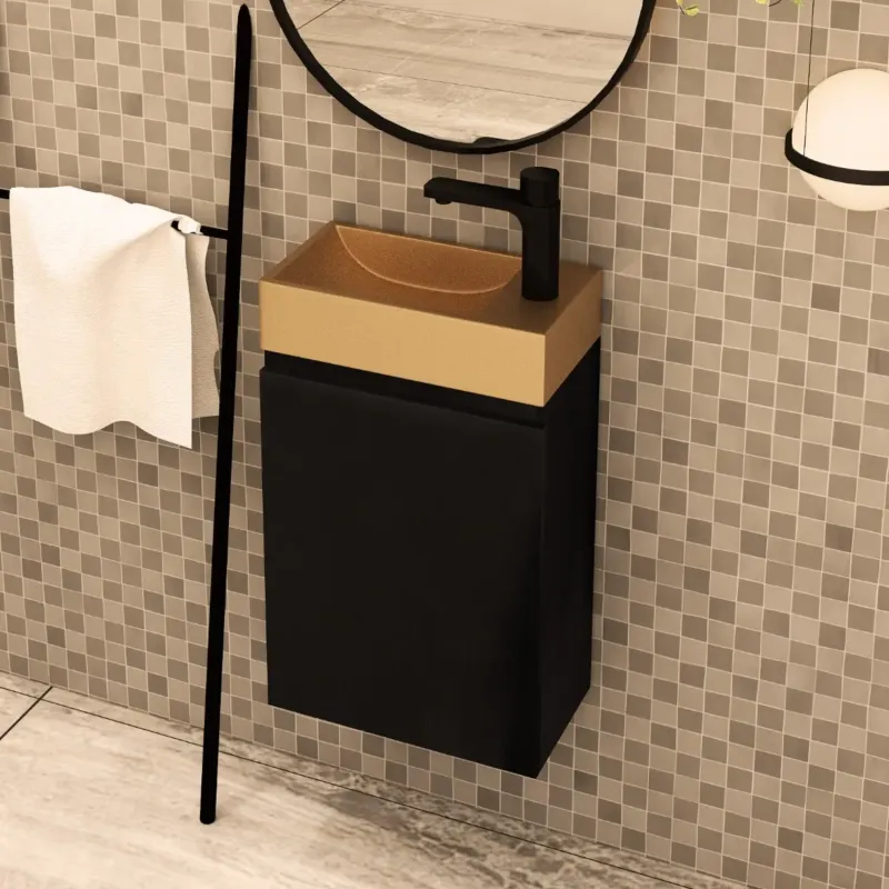 Veilige Betaling MD Interior Blessed toiletmeubel zwart mangohout links met fontein mat rosé goud rechts