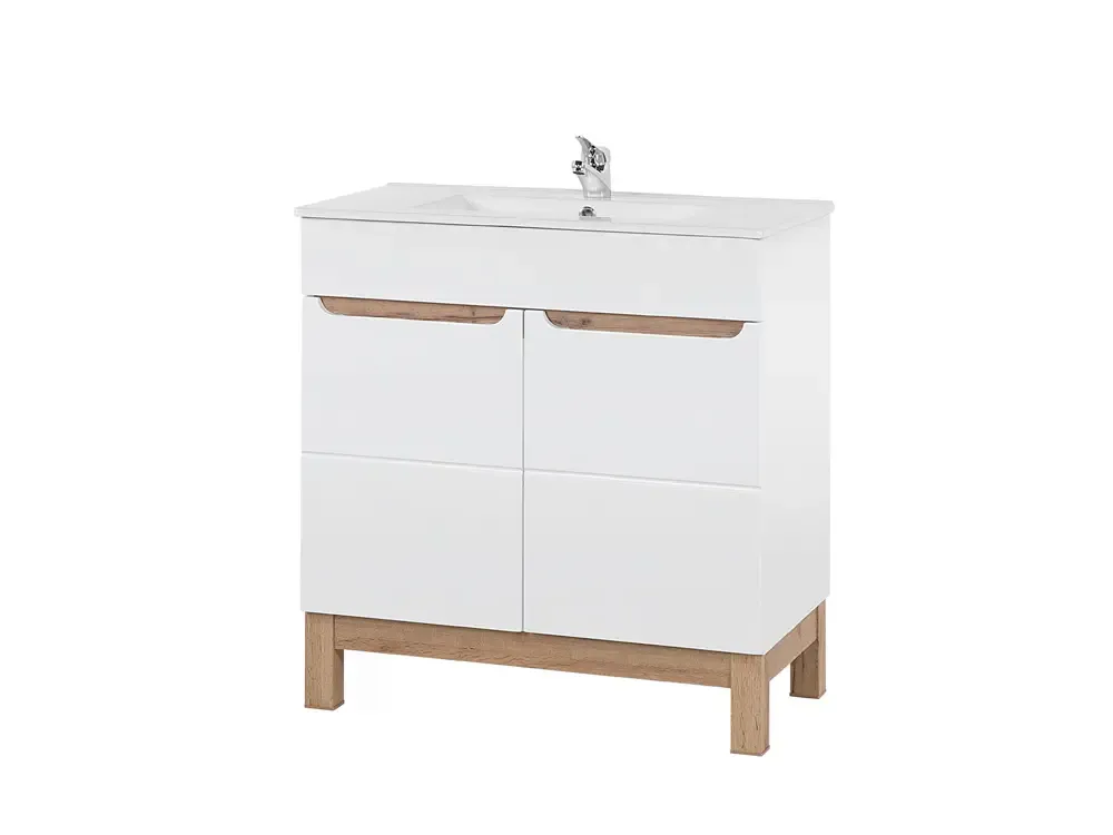 Laatste Versie Comad Bali White badkamermeubel 80cm met witte wastafel en kraangat eiken/wit