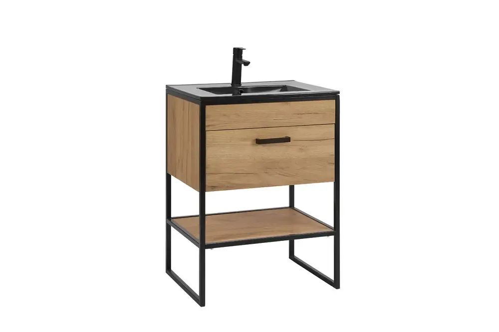 Goedkoop Comad Brooklin badkamermeubel 60cm met zwarte wastafel en kraangat eiken/zwart