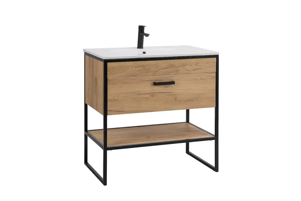 Comad Brooklin badkamermeubel 60cm met witte wastafel en kraangat eiken/zwart Hete Deal