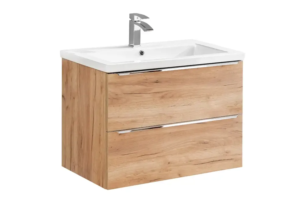 Lage Kosten Comad Capri Oak badkamermeubel 80cm met witte wastafel en kraangat eiken