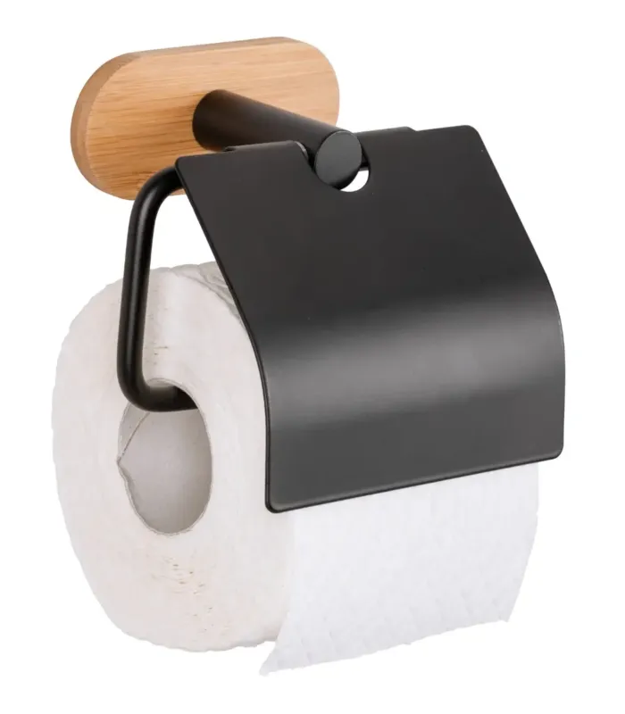 Wenko Orea Turbo-Loc Bamboo toiletrolhouder met klep zwart mat Gecertificeerd
