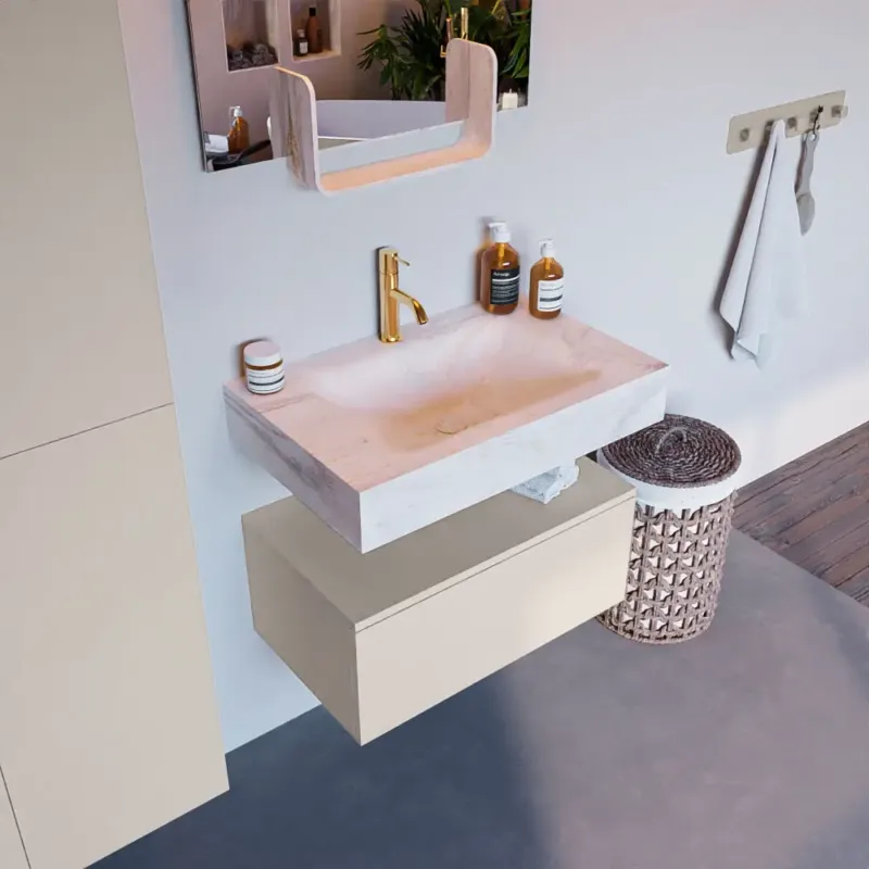 Op = Op Mondiaz Alan DLux badmeubel 70cm linen 1 lade met wastafel ostra midden 1 kraangat
