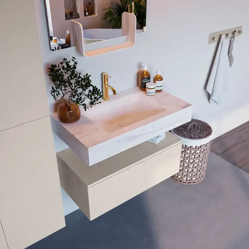 Uitverkoop Mondiaz Alan DLux badmeubel 80cm linen 1 lade met wastafel ostra midden 1 kraangat
