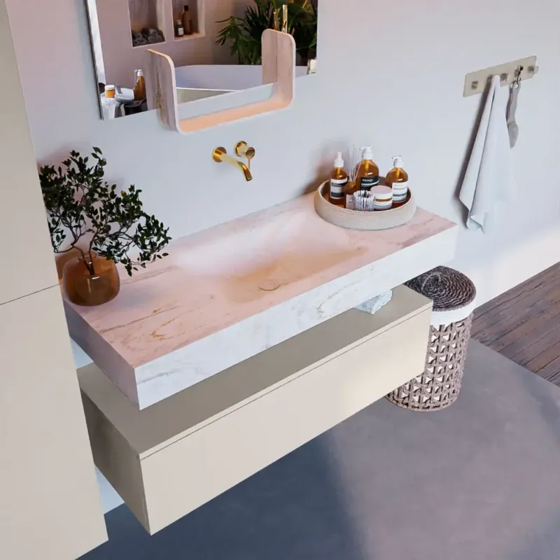 Voordeelprijs Mondiaz Alan DLux badmeubel 110cm linen 1 lade met wastafel ostra midden zonder kraangat