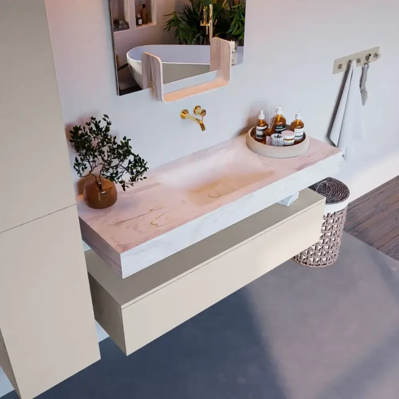 Weekendaanbieding Mondiaz Alan DLux badmeubel 130cm linen 1 lade met wastafel ostra midden zonder kraangat