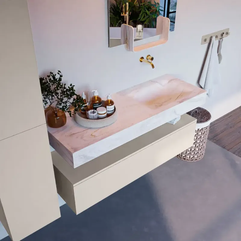 Tijdelijk Beschikbaar Mondiaz Alan DLux badmeubel 130cm linen 1 lade met wastafel ostra rechts zonder kraangat