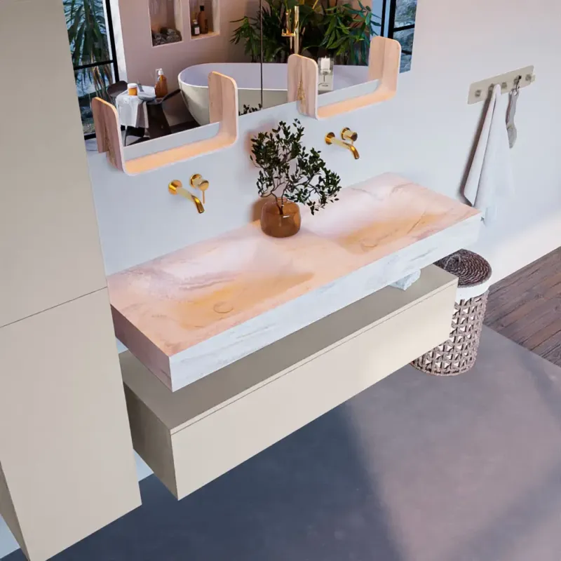 Shop Nu Mondiaz Alan DLux badmeubel 130cm linen 1 lade met wastafel ostra dubbel zonder kraangat