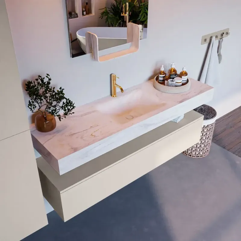 Bestel Nu Mondiaz Alan DLux badmeubel 150cm linen 1 lade met wastafel ostra midden 1 kraangat