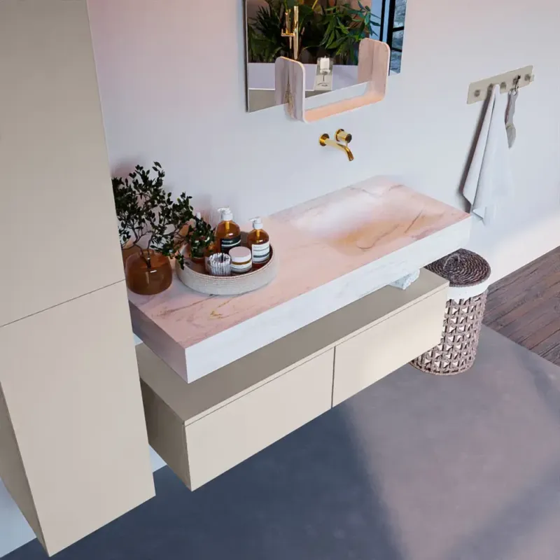 Nu Kopen Mondiaz Alan DLux badmeubel 120cm linen 2 lades met wastafel ostra rechts zonder kraangat