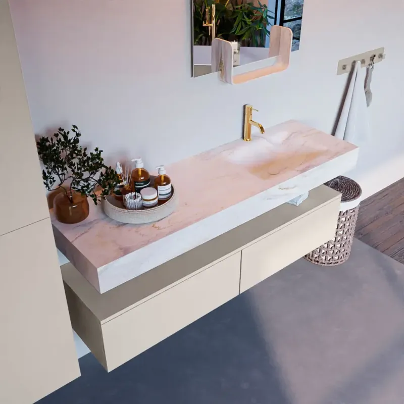 Beperkte Voorraad Mondiaz Alan DLux badmeubel 150cm linen 2 lades met wastafel ostra rechts 1 kraangat
