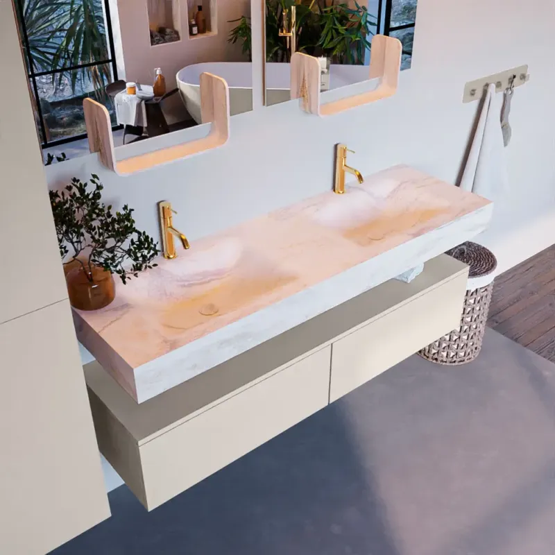 Beste Prijs Mondiaz Alan DLux badmeubel 150cm linen 2 lades met wastafel ostra dubbel 2 kraangaten