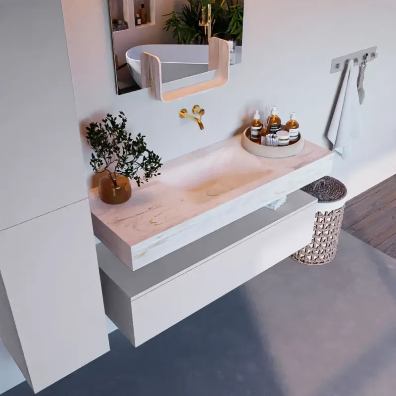 Weekendaanbieding Mondiaz Alan DLux badmeubel 120cm cale 1 lade met wastafel ostra midden zonder kraangat