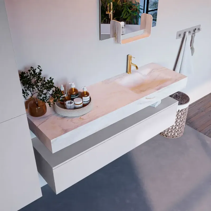 Must-Have Mondiaz Alan DLux badmeubel 150cm cale 1 lade met wastafel ostra rechts 1 kraangat