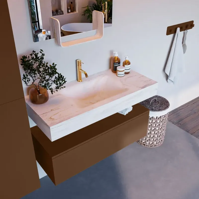 Populair Mondiaz Alan DLux badmeubel 100cm rust 1 lade met wastafel ostra midden 1 kraangat