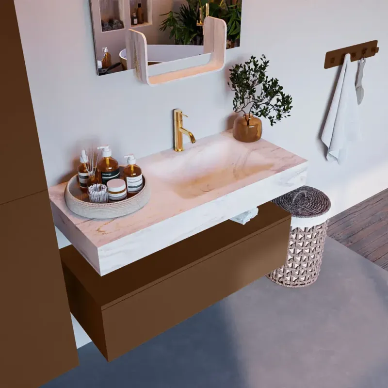 Snelle Levering Mondiaz Alan DLux badmeubel 100cm rust 1 lade met wastafel ostra rechts 1 kraangat