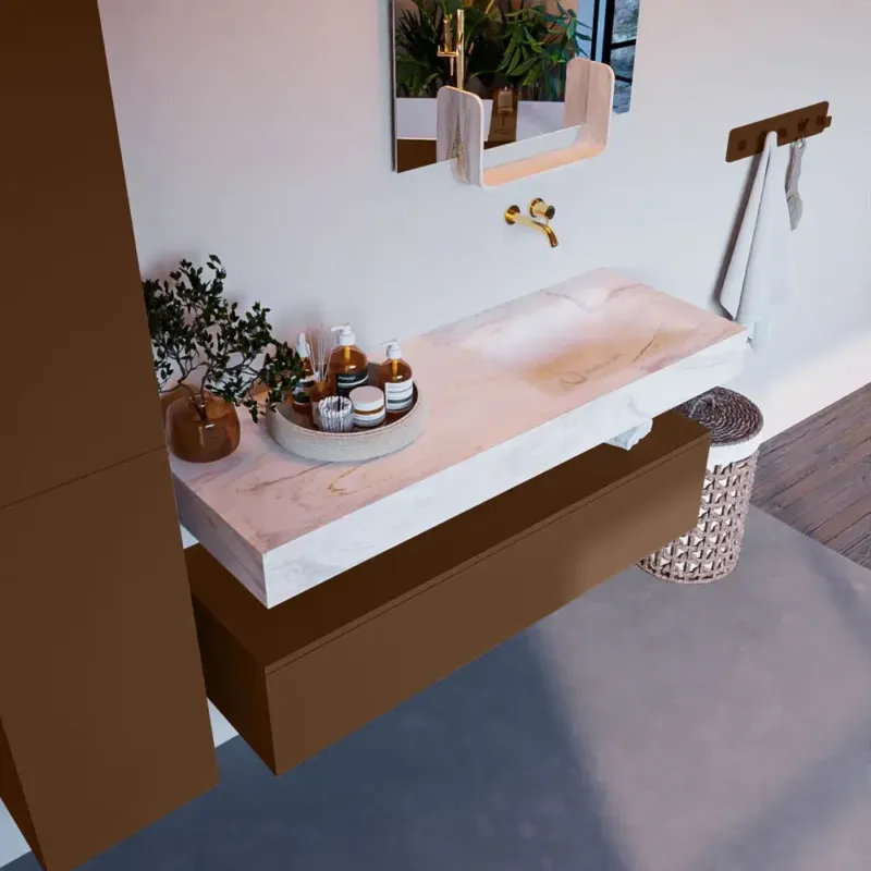 Beperkt Aanbod Mondiaz Alan DLux badmeubel 130cm rust 1 lade met wastafel ostra rechts zonder kraangat